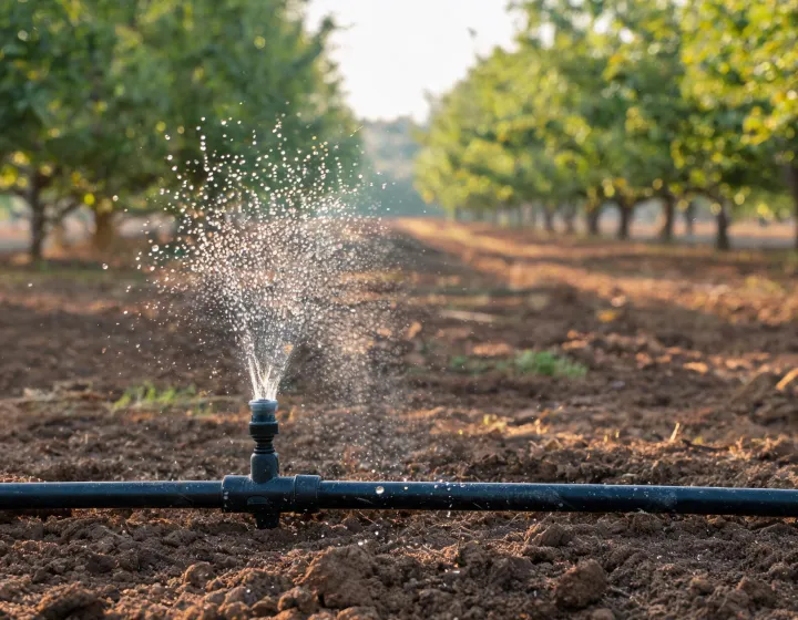 Micro sprinkler under an orchard canopy